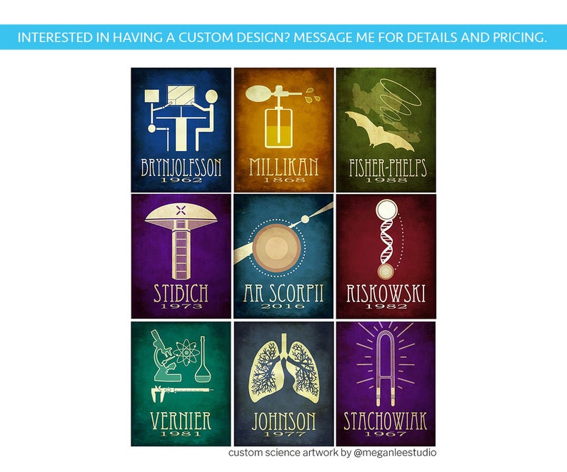Op de afbeelding: Negen kleurrijke vierkante posters met wetenschappelijke illustraties en tekst. Elke poster heeft een andere illustratie, zoals een microscoop, een vleermuis, een windvaan en een long. De posters bevatten ook de namen van mensen en jaren.