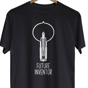 May include: Black t-shirt with a white graphic of a light bulb and the text "FUTURE INVENTOR".