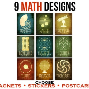 Math Stickers for Laptop, Geeky Fridge Magnets, or Nerdy Postcard Set, Educational Science Gift for Teacher