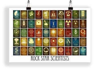May include: A poster featuring a grid of illustrated squares, each with a scientist's name and a related image. The text "ROCK STAR SCIENTISTS" is at the bottom. The illustrations are in various colors and styles.
