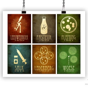 May include: A vintage-style poster featuring six scientists who made significant contributions to microbiology. Each scientist is represented by a symbol and their name and year of discovery. The poster has a distressed, textured background.