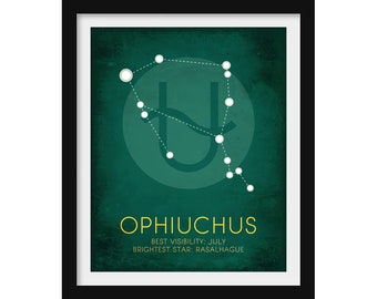 Ophiuchus Constellation, Zodiac Sign Art Print, Astronomy Gift, Scientific Illustration, Astrology Decor