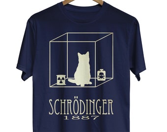 May include: A navy blue t-shirt with a white silhouette of a cat inside a box with a radioactive symbol and a vial with a skull and crossbones. The text "SCHRÖDINGER 1887" is printed below the box.