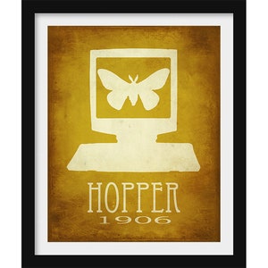 May include: Framed art print featuring a computer silhouette with a butterfly in the screen. The print has a vintage, distressed look with the word "HOPPER" and the year "1906" in a serif font. The background is a warm, golden color.