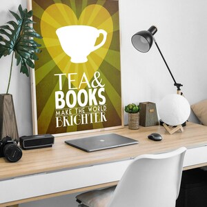 Tea & Books Art Print, Minimalist Kitchen and Library Decor, Tea Cup Illustration, Bookworm Gift for Reader or Book Lover image 3
