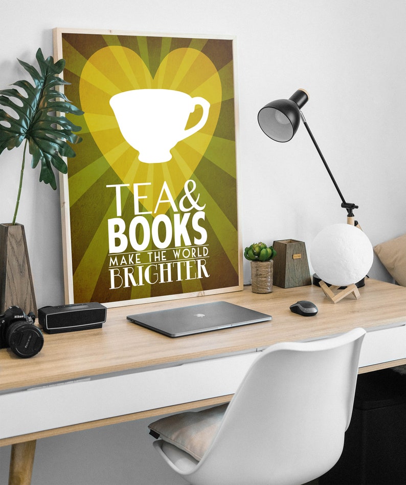 Tea & Books Art Print, Minimalist Kitchen and Library Decor, Tea Cup Illustration, Bookworm Gift for Reader or Book Lover image 3