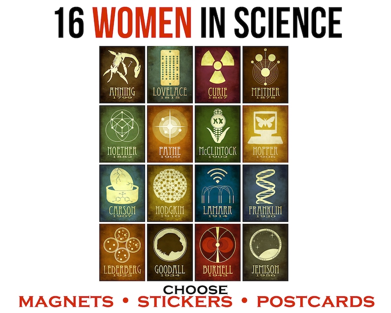 Women In Science Stickers, Laptop Vinyl Decals, Feminist Water Bottle Stickers, Scientist Fridge Magnets, Geeky Stationary Postcards, image 1