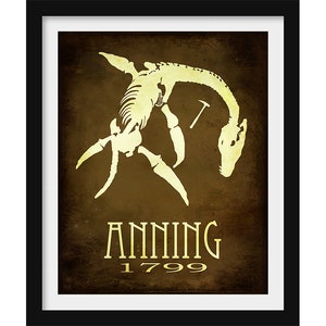 Mary Anning Dinosaur Art Print, Paleontology Gift, Skeleton Illustration