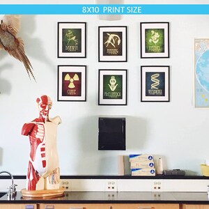 Op de afbeelding: Zes ingelijste prints van 20,3 x 25,4 cm van wetenschappers met hun ontdekkingen. De prints hangen aan een lichtblauwe muur in een klaslokaal. Op de voorgrond staat een model van de menselijke anatomie.