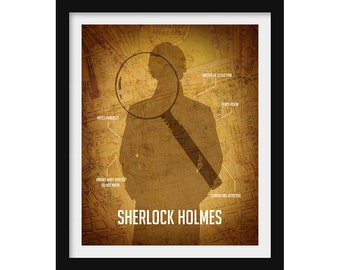Sherlock Holmes Art Print, Detective Silhouette on Vintage Map of London,