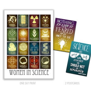 Conjunto de presente para mulheres na ciência, impressão artística de 5x7 e 2 cartões postais inspiradores, citações de Marie Curie e Rosalind Franklin, presente para professores de STEM
