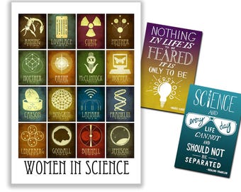 Women in Science Gift Set 5x7 Art Print & 2 Inspirational Postcards, Quotes from Marie Curie and Rosalind Franklin, STEM Teacher Gift