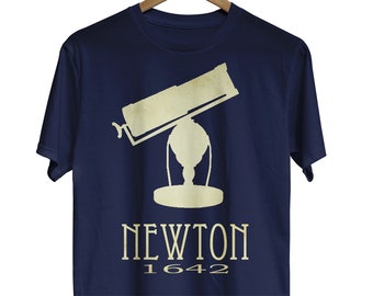 May include: A navy blue t-shirt with a white silhouette of an antique telescope and the text "NEWTON 1642".