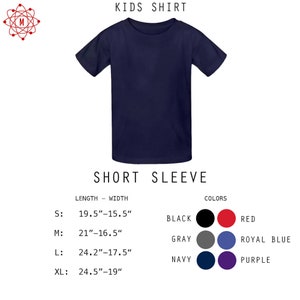 May include: Kids short sleeve shirt in navy blue with size chart showing length and width measurements in inches. Color options include black, red, gray, royal blue, navy, and purple.