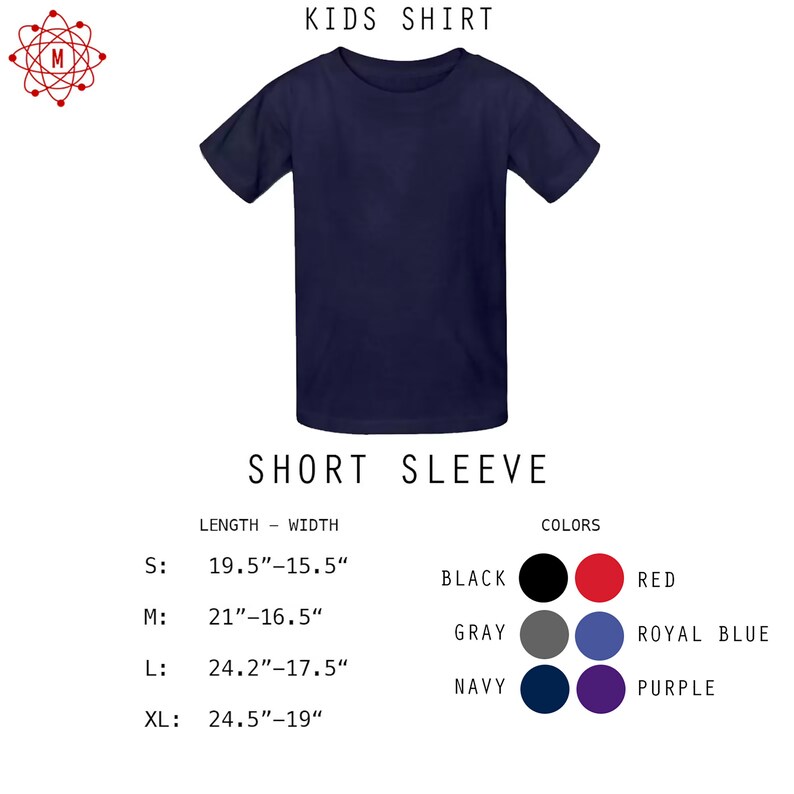 May include: Kids short sleeve shirt in navy blue with size chart showing length and width measurements in inches. Color options include black, red, gray, royal blue, navy, and purple.
