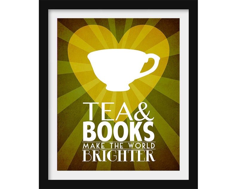 Tea & Books Art Print, Minimalist Kitchen and Library Decor, Tea Cup Illustration, Bookworm Gift for Reader or Book Lover image 1