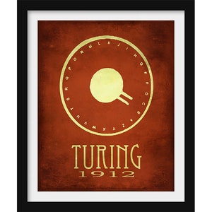May include: A red and gold graphic design with a circle containing the letters of the alphabet and a symbol in the center. The text "TURING 1912" is below the circle.