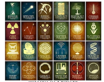 May include: A poster featuring 24 colorful illustrations of women in science, each with a name and year. The images include scientific symbols, diagrams, and portraits, with the text "WOMEN IN SCIENCE" at the bottom.