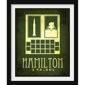 Puede incluir: Un póster de estilo vintage verde y amarillo con un cohete y un módulo lunar. El póster tiene el texto "HAMILTON 1936".
