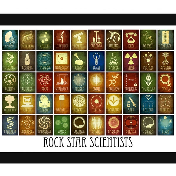 50 Rock Star Scientists in History Art Print, Science Classroom Poster for School, Educational and Inspiring Artwork