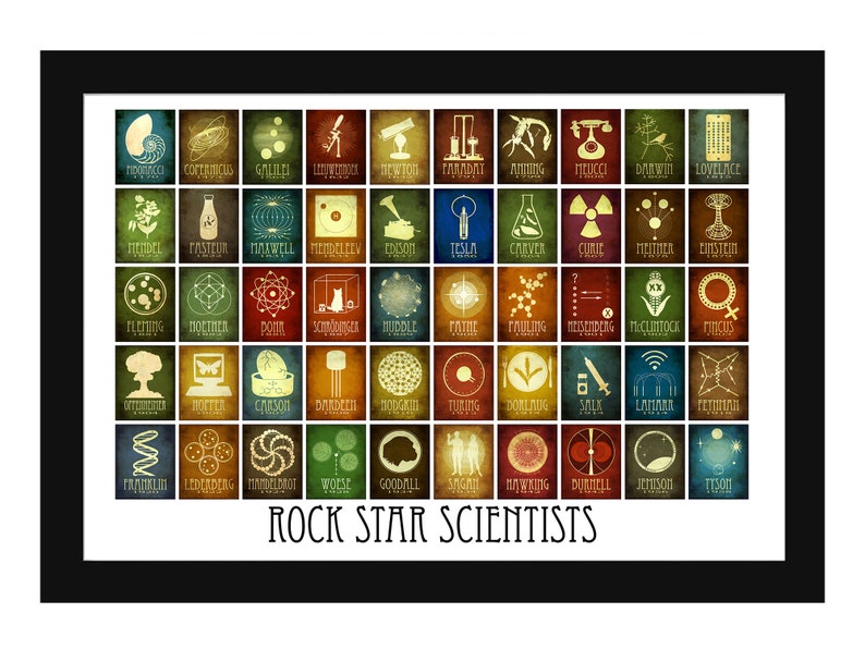 50 Rock Star Scientists in History Art Print, Science Classroom Poster for School, Educational and Inspiring Artwork image 1