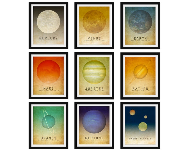 9 Planets in the Solar System Art Print Set, Outer Space Artwork for Nursery, Astronomy Classroom Decor image 1