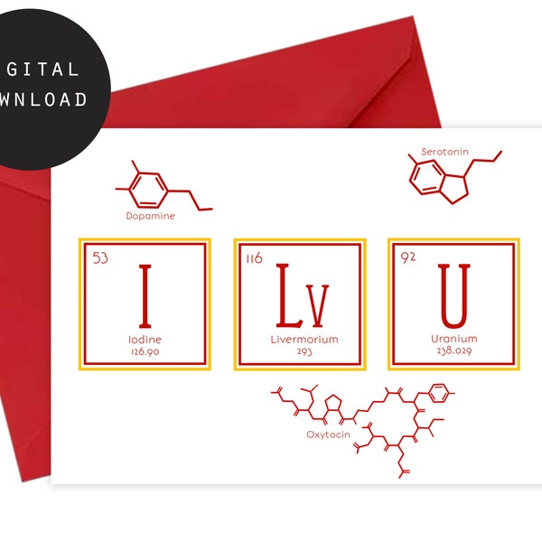 Geeky Anniversary Card, Printable I Love You Birthday Card, Periodic Table Letters, Valentines Day Greeting Card, Science Instant Download