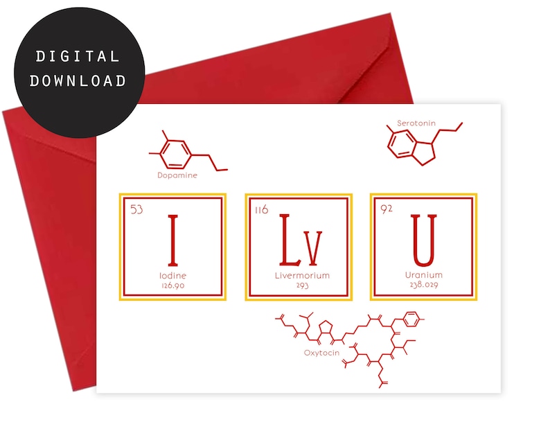 Geeky Anniversary Card, Printable I Love You Birthday Card, Periodic Table Letters, Valentines Day Greeting Card, Science Instant Download image 1