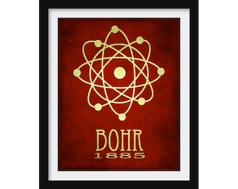 Niels Bohr fysikkonsttryck, atomillustration, vetenskapssymbolposter, fysikergåva
