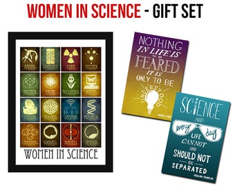 Women Scientists Gift Set / 5x7 Science Art Print & Inspirational Quote Postcard Set Marie Curie Rosalind Franklin STEM Female Teacher Gift