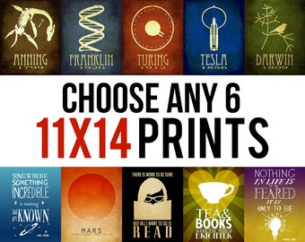 11x14 Print Set - Personalized Art Gift, Geek Art, Steampunk Science Posters, Outer Space Art, STEM Decor, Bookworm Gift, Librarian Gift