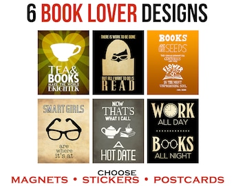 Book Lovers Set of Postcards, Stickers, or Magnets, Librarian or Bookworm Gift