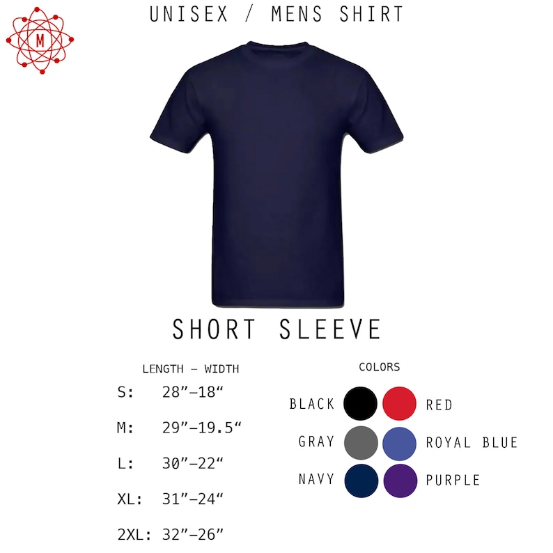 May include: A unisex short-sleeve t-shirt in navy blue. The shirt is available in sizes S-2XL and comes in a variety of colors, including black, red, gray, royal blue, and purple. The size chart shows the length and width of each size in inches.