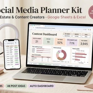 Peut inclure: Un kit de planification pour réseaux sociaux sur Google Sheets et Excel affiché sur un ordinateur portable et un smartphone. L'écran présente un tableau de bord avec des graphiques, des mesures et un calendrier. Texte : Social Media Planner Kit, 10 Tabs, 48 Post Ideas, Auto Dashboard.