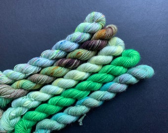 Set 38 - Micro skein set 5x10g, 75/25 superwash Merino wool and nylon sock yarn set - greens and blues, tonal, variegated, speckled