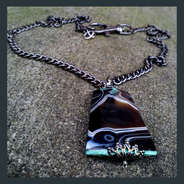 Gunmetal & Mint Mochas - neon green druzy onyx agate pendant - on black chain