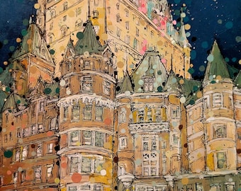 May include: A watercolor painting of a large, ornate building with a green roof and many windows. The building is set against a blue sky with white dots. The building is surrounded by snow.