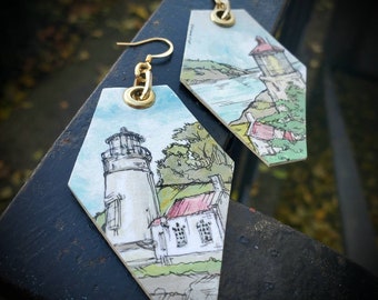 Heceta Head Scenic Lighthouse - hand-painted Oregon Coast nature earrings