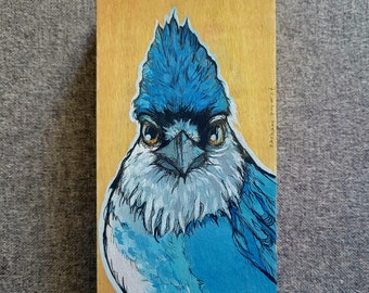 Evolving Intellect - Close Up Blue Jay Acrylic painting on Goldenrod wood wall art home decor