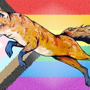 Inclusive Gay Pride Flag with leaping Fox limited matted Giclee Print