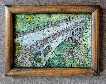 Framed Shepperds Dell Nature Waterfall painting - dark blue wooden frame