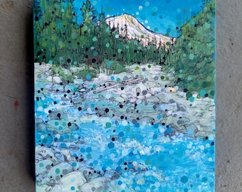 Mount Hood and Sandy River Oregon Original acrylic painting on wood Ramona Falls