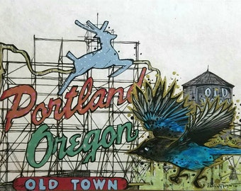 Portland Oregon White Stag Sign Stellars Jay Original Giclee print