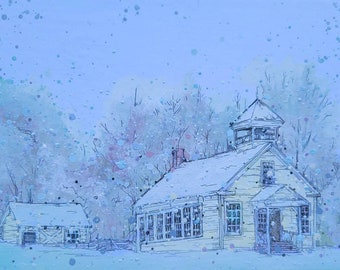 The James School in the Snow Presque Isle Northern Maine local landmark cityscape limited matted print Aroostook County