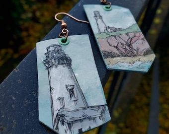 Pigeon Point Scenic Lighthouse - hand-painted California Coast nature earrings