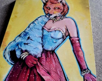 LEONA - anthro glamorous fox woman giclee Print on wooden panel with original details