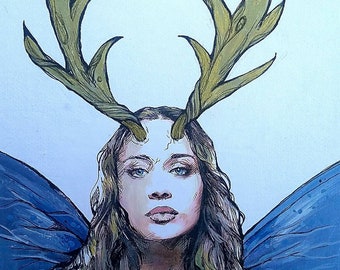 Fiona Apple Fairy original giclee print - antlers and painted lady butterfly wings