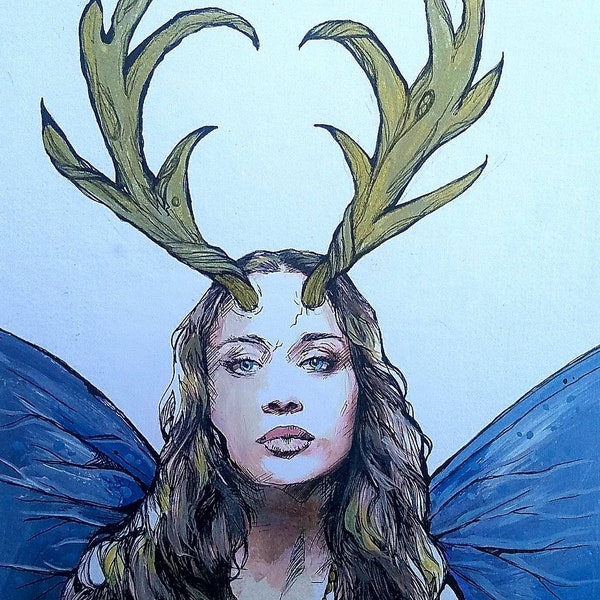 Fiona Apple Fairy original giclee print - antlers and painted lady butterfly wings