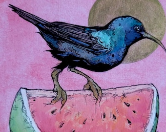 Puede incluir: Una ilustración en acuarela de un pájaro azul oscuro con plumas iridiscentes de pie sobre una rodaja de sandía. El pájaro tiene un pico largo y fino y está situado sobre un fondo rosa con una gran forma circular dorada de sol o luna.
