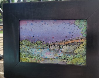 Peinture de paysage urbain emblématique du nord du Maine encadrée de Presque Isle Pont de la rivière Aroostook